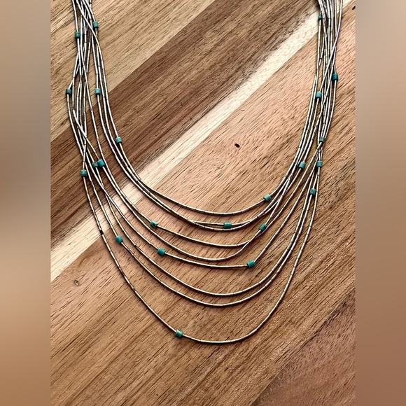 Vintage Navajo Liquid Silver Turquoise Heishi Sterling Silver Graduated Necklace - Picture 5 of 11